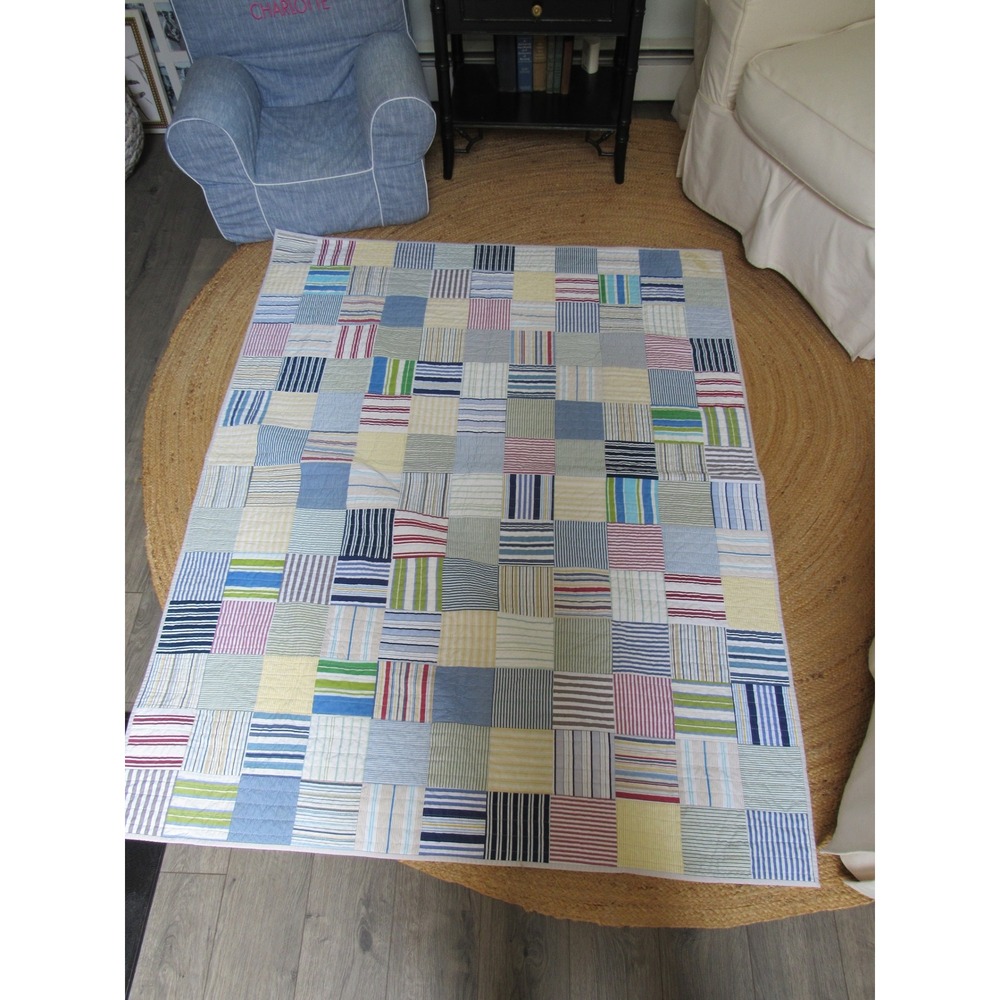 Handmade Patchwork Quilt Throw Multi Color Striped Upcycled Cotton Bed Sheets
